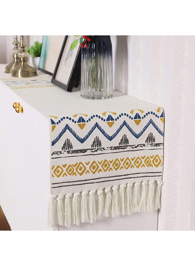 Generic Printed Cotton Woven Coffee Dining Table Runner Off White/Blue/Yellow 34x230cm  - Image 4