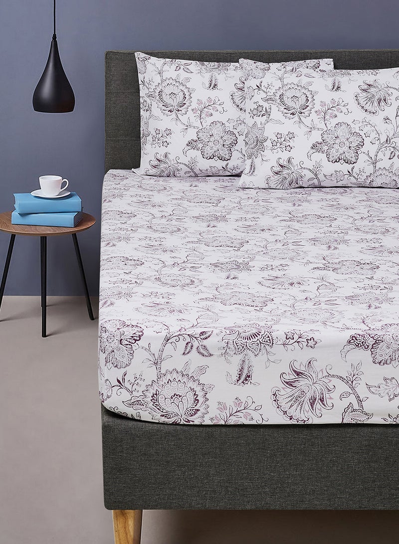 Noon East - Fitted Bedsheet Set King Size  100% Cotton Percale Light Weight Everyday Use 180 TC High Quality 1 Bed Sheet And 2 Pillow Cases Printed Design Pink/Grey Color Pink/Grey - Image 1