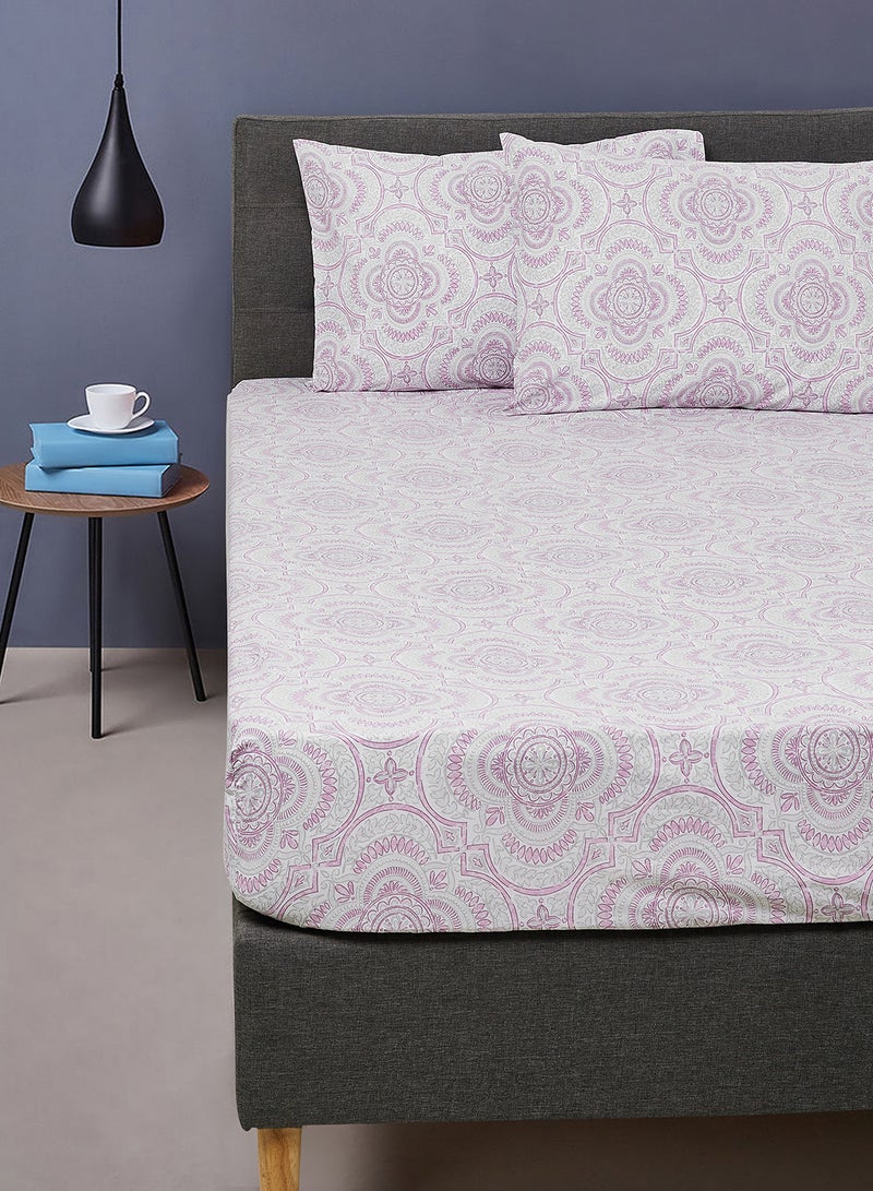Noon East - Fitted Bedsheet Set King Size  100% Cotton Percale Light Weight Everyday Use 180 TC High Quality 1 Bed Sheet And 2 Pillow Cases Printed Design Lavendar Color Lavendar - Image 1