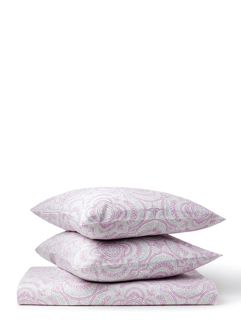 Noon East - Fitted Bedsheet Set King Size  100% Cotton Percale Light Weight Everyday Use 180 TC High Quality 1 Bed Sheet And 2 Pillow Cases Printed Design Lavendar Color Lavendar - Image 1