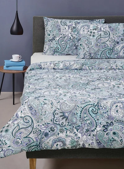 Noon East Duvet Cover Set - With 1 Duvet Cover 200X200 Cm And 2 Pillow Cover 50X75 Cm - For Queen Size Mattress - 100% Cotton 180 Thread Count Grey/Blue 200 x 200cm