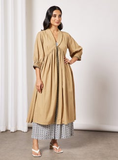 Gather Detailed Kurta and Pants Set Beige