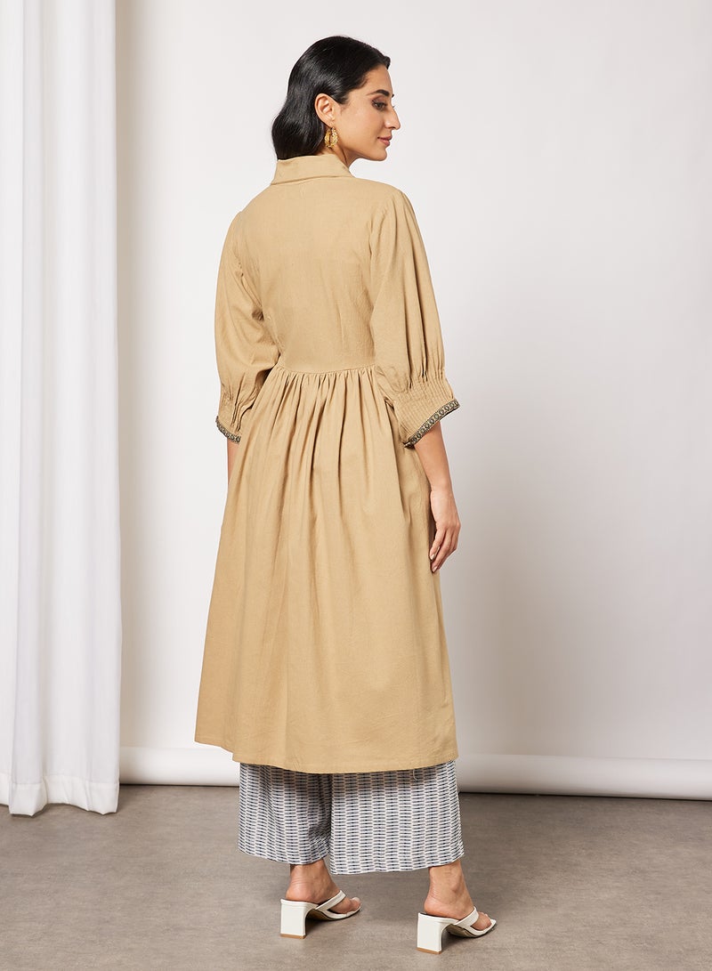 CORD - Gather Detailed Kurta and Pants Set Beige - Image 1