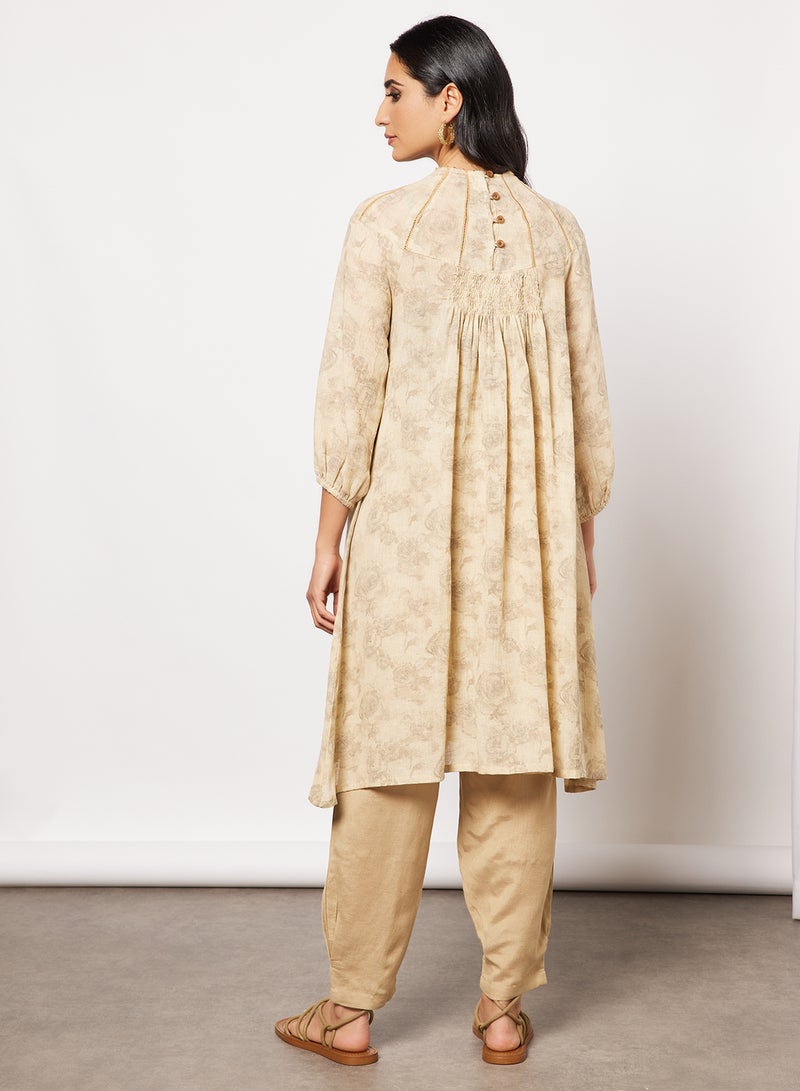 CORD - Printed Kurta and Pants Set Beige - Image 1