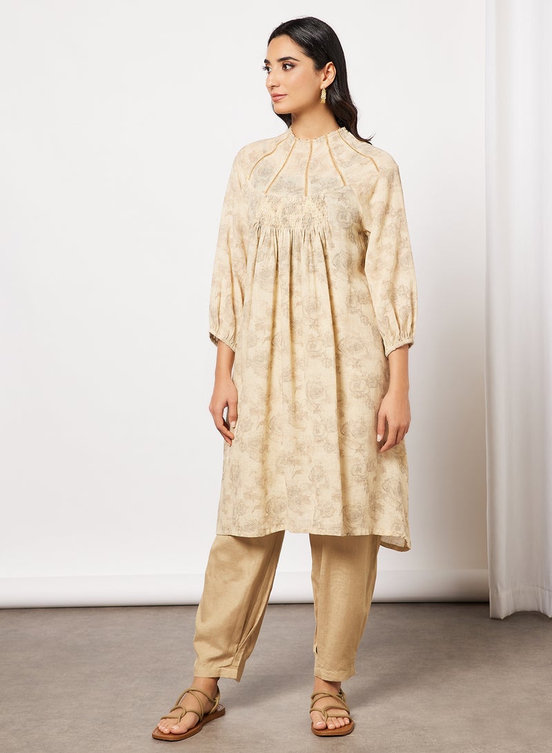 CORD - Printed Kurta and Pants Set Beige - Image 1