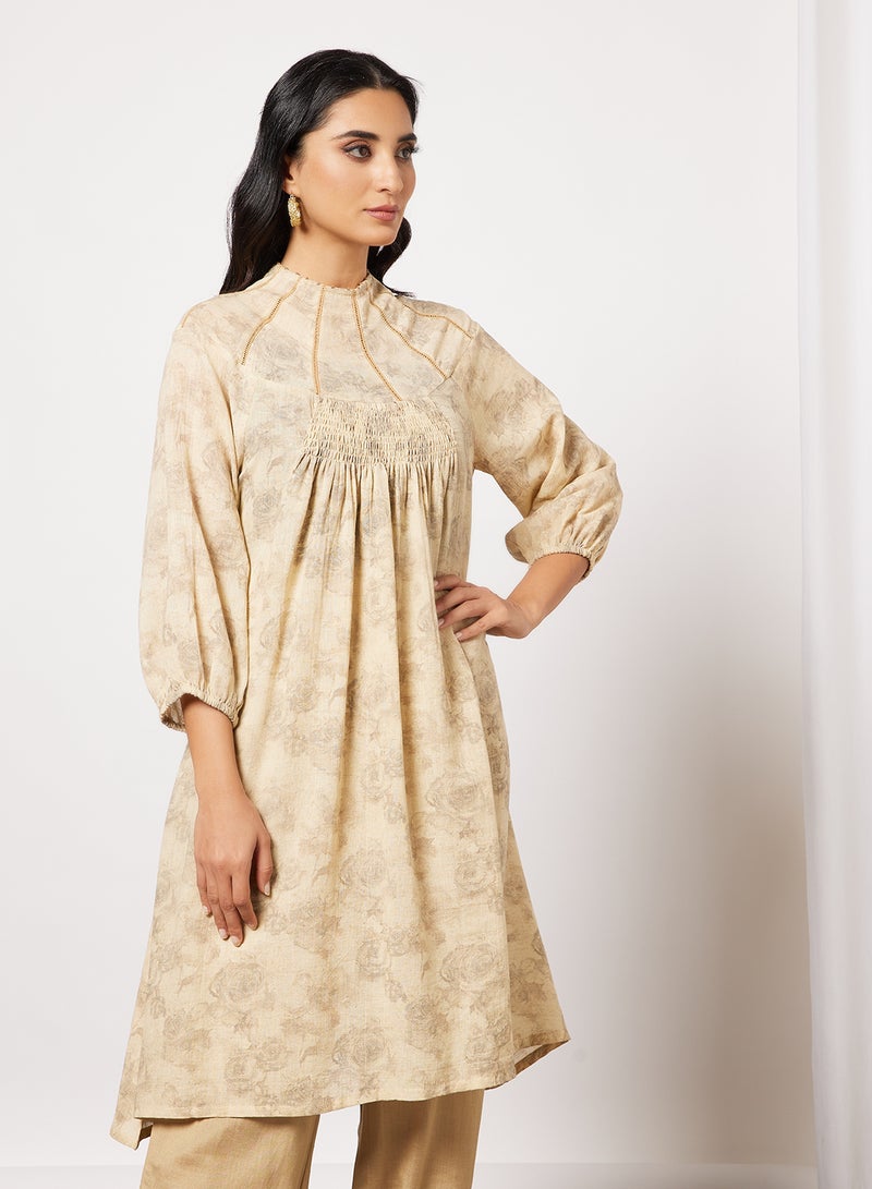 CORD - Printed Kurta and Pants Set Beige - Image 1