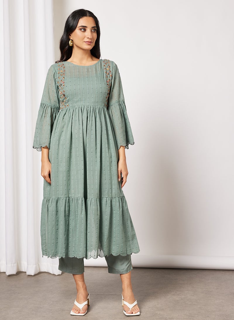 CORD - Embellished Kurta and Pants Set (Set of 3) Pale Blue - Image 1