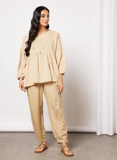 CORD Pleat Detailed Top and Pants Set Beige  - Image 1