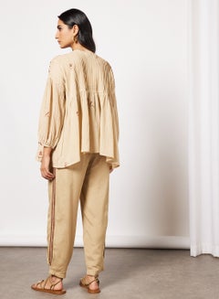 CORD Pleat Detailed Top and Pants Set Beige  - Image 2