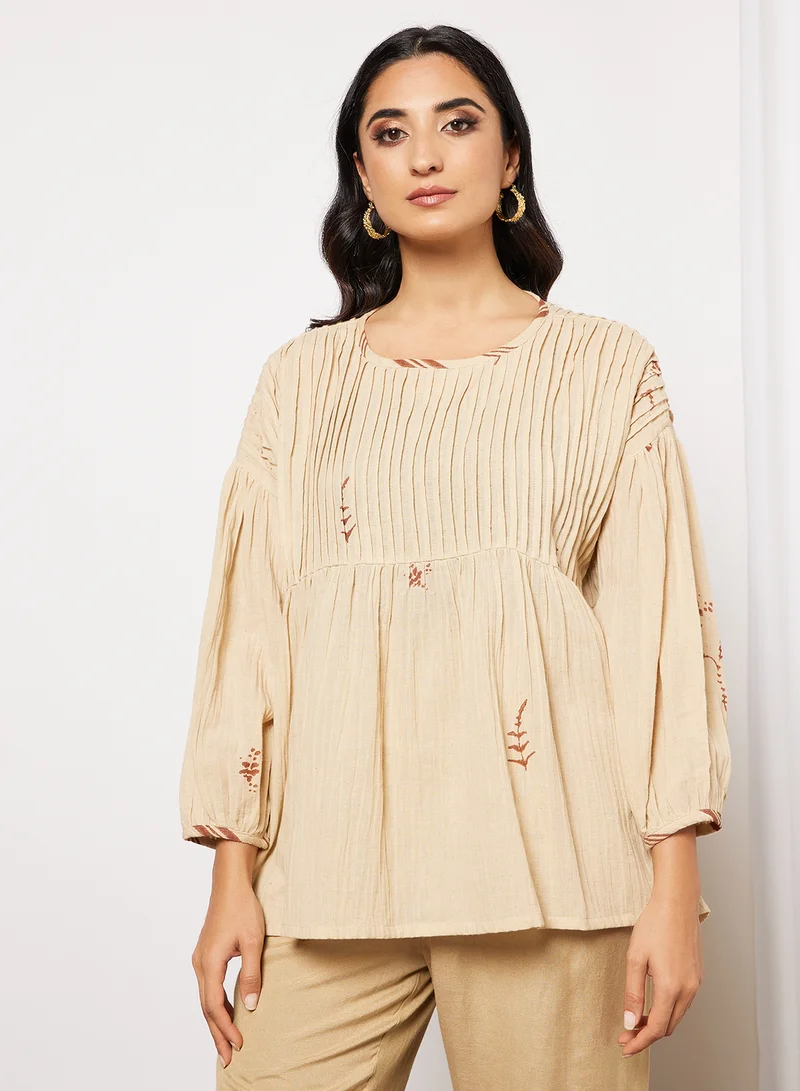 CORD Pleat Detailed Top and Pants Set Beige