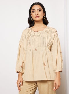 CORD Pleat Detailed Top and Pants Set Beige  - Image 3
