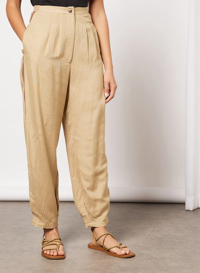 CORD Pleat Detailed Top and Pants Set Beige