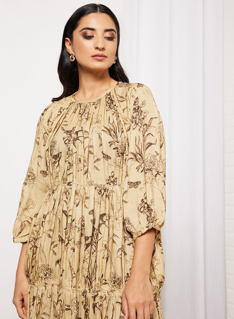 CORD Floral Tiered Dress Beige  - Image 3
