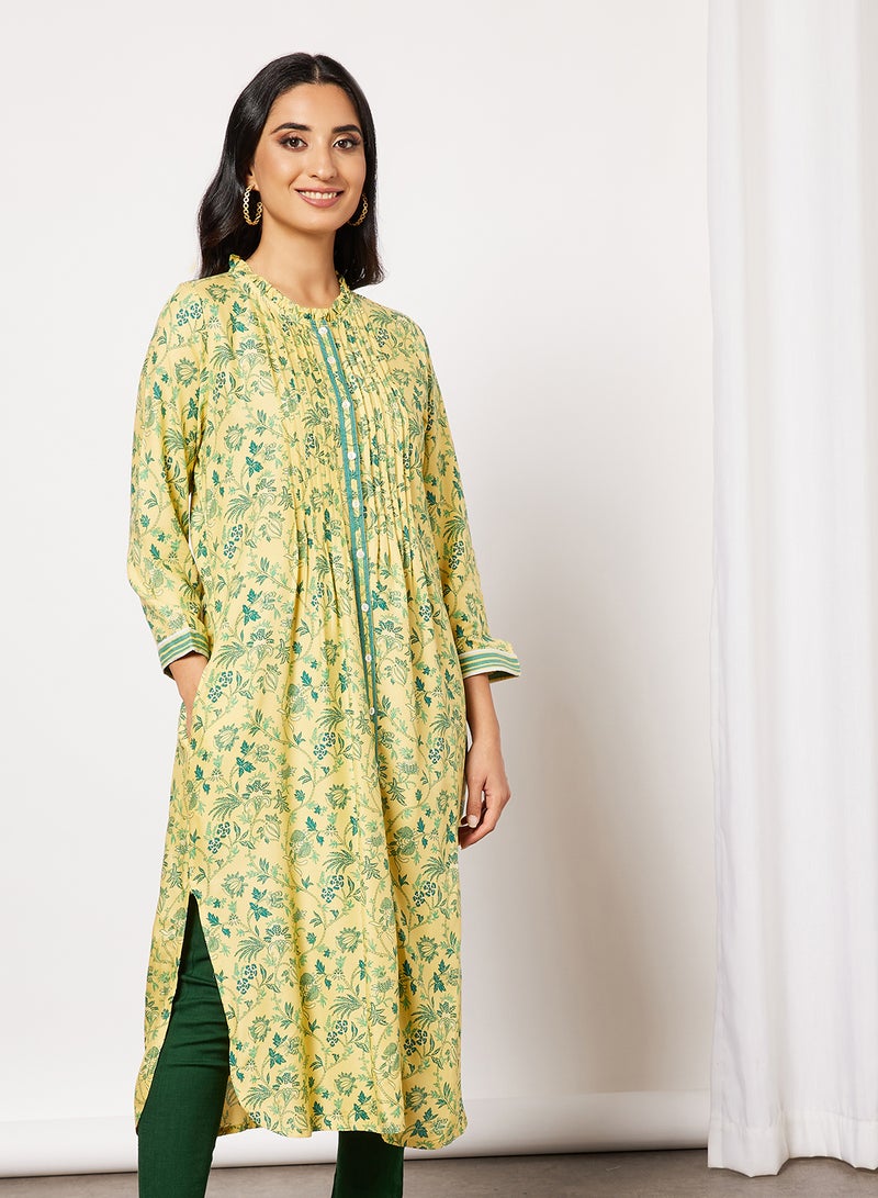 globaldesi - Floral Print Kurta Yellow - Image 1