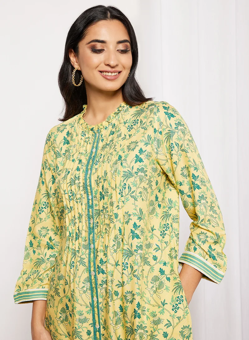 globaldesi Floral Print Kurta Yellow