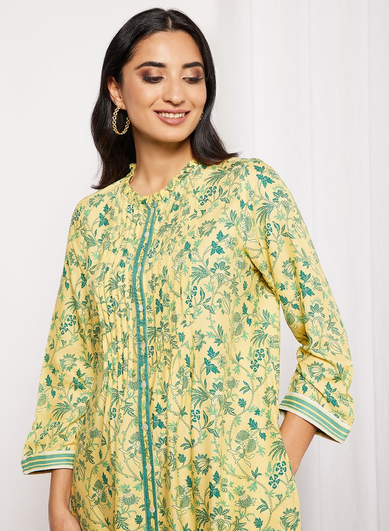 globaldesi - Floral Print Kurta Yellow - Image 1