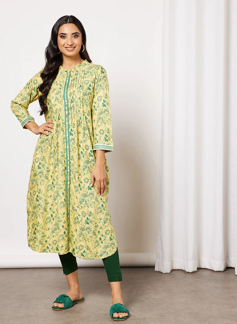 globaldesi Floral Print Kurta Yellow