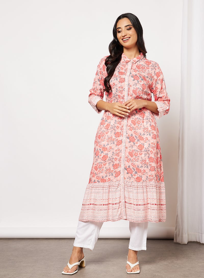 globaldesi - Floral Print Kurta Pink - Image 1