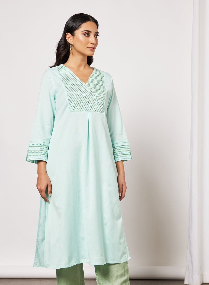globaldesi - Embroidered V-Neck Kurta Mint - Image 1