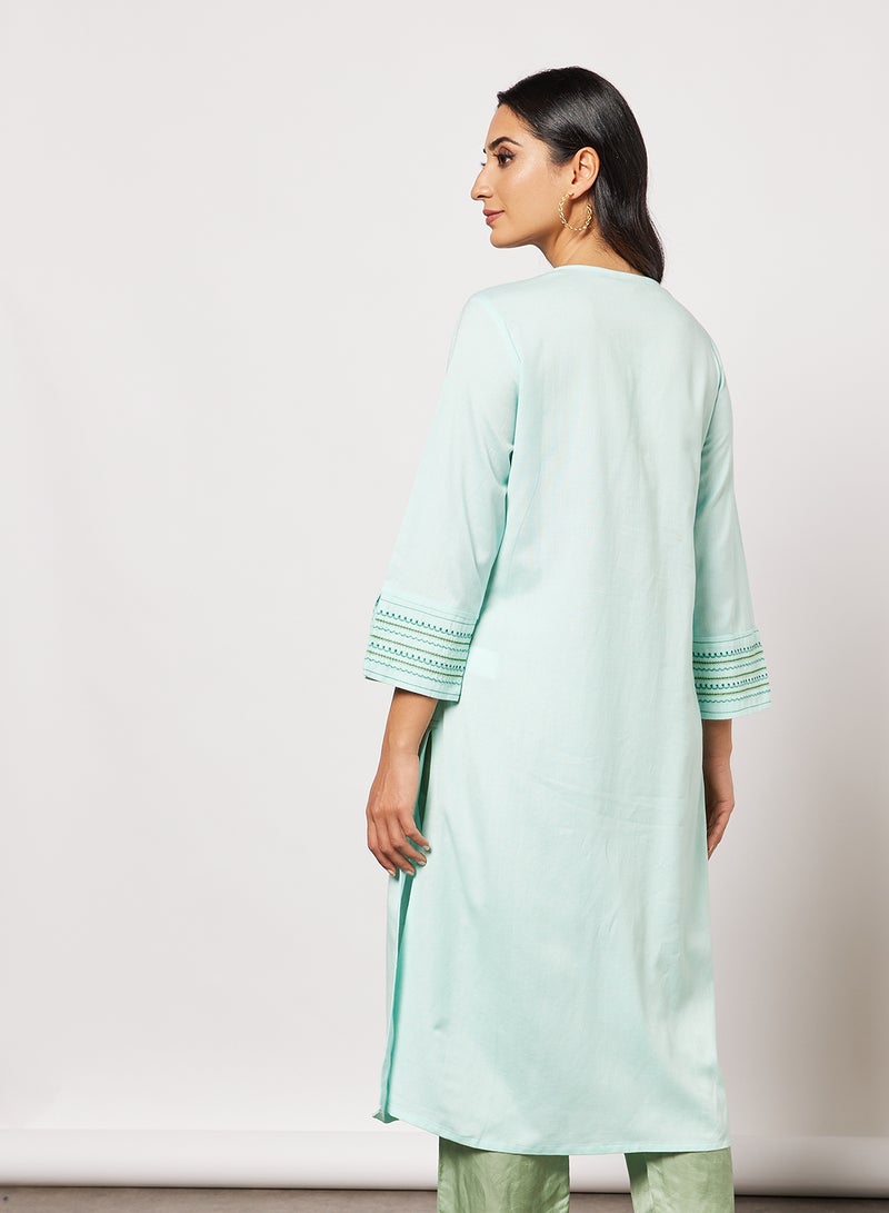 globaldesi - Embroidered V-Neck Kurta Mint - Image 1