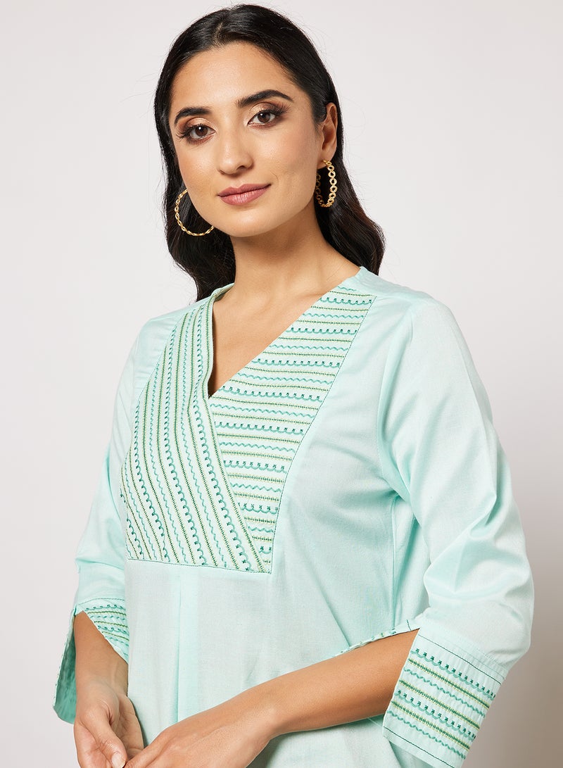 globaldesi - Embroidered V-Neck Kurta Mint - Image 1