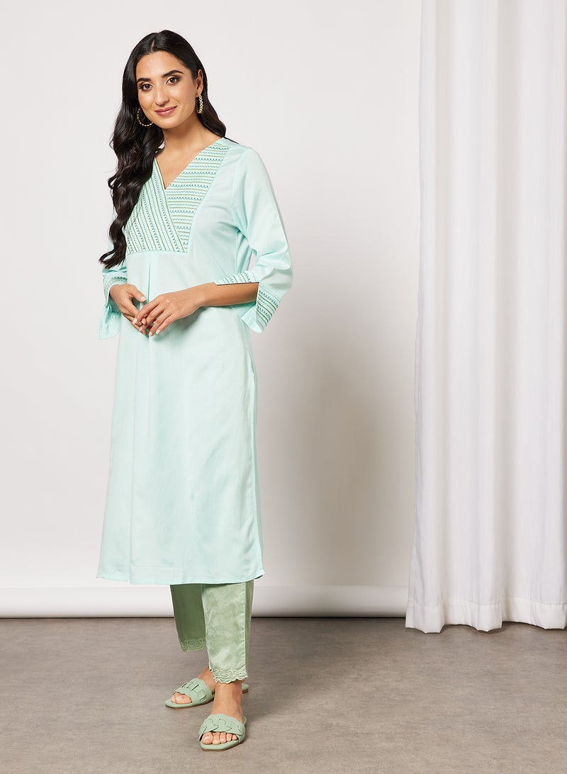 globaldesi - Embroidered V-Neck Kurta Mint - Image 1