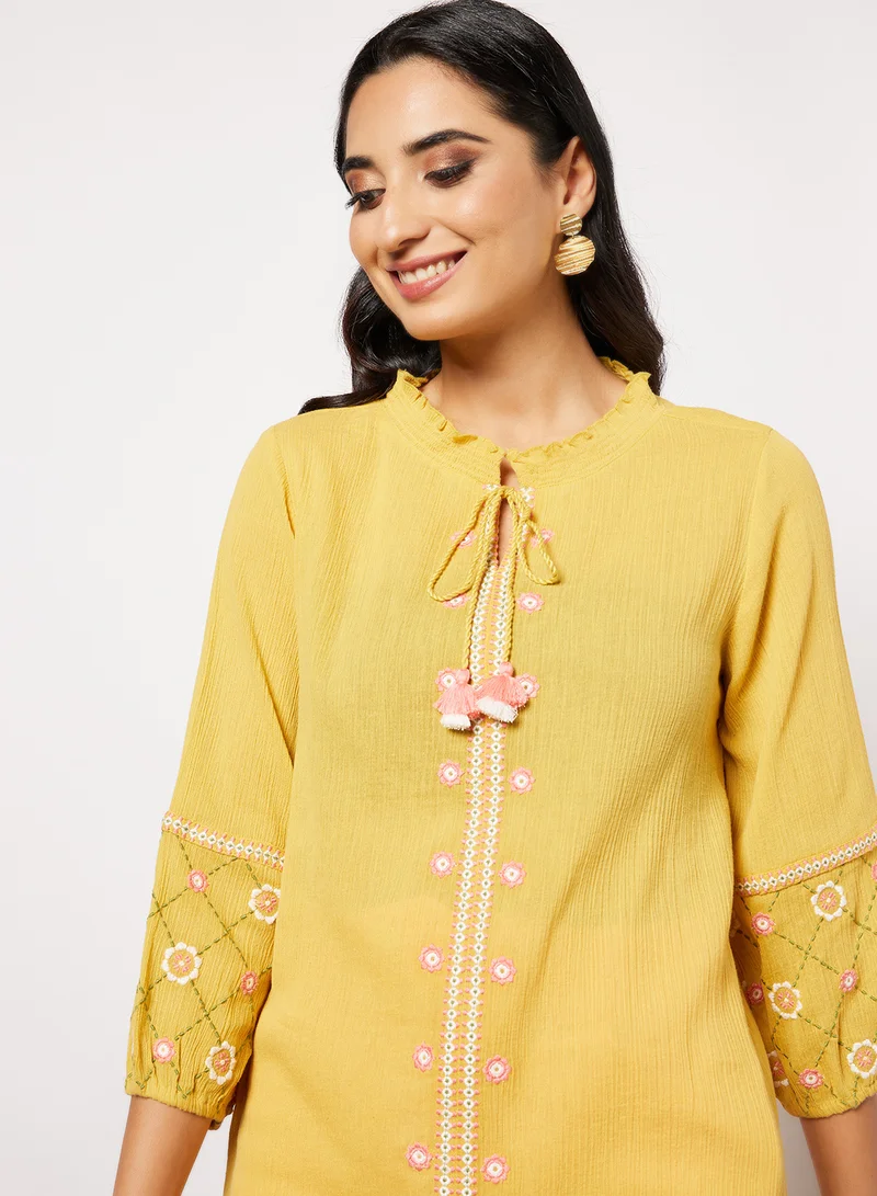 globaldesi Floral Embroidered Tunic Mustard