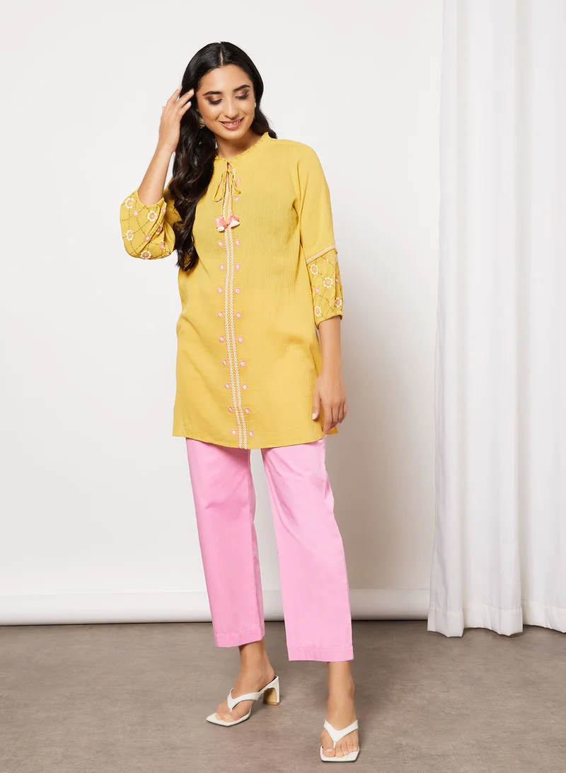 globaldesi Floral Embroidered Tunic Mustard