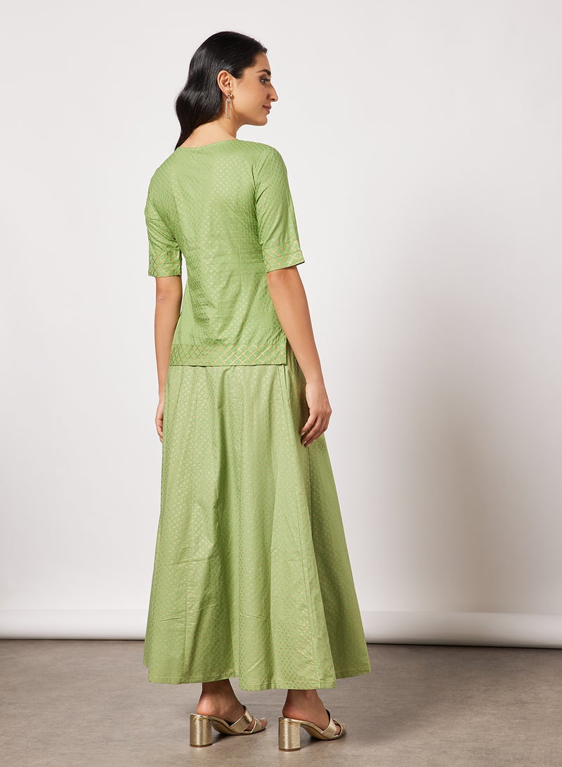 AKS - Foil Print Lehenga Set Green - Image 1