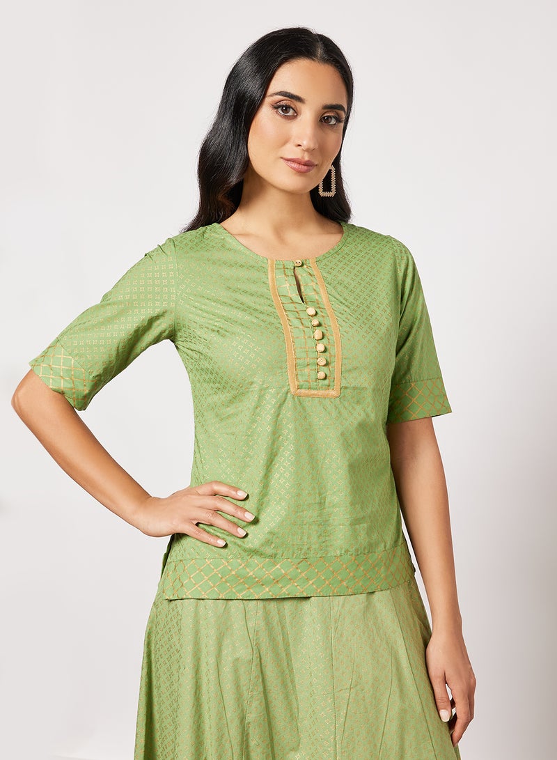 AKS - Foil Print Lehenga Set Green - Image 1