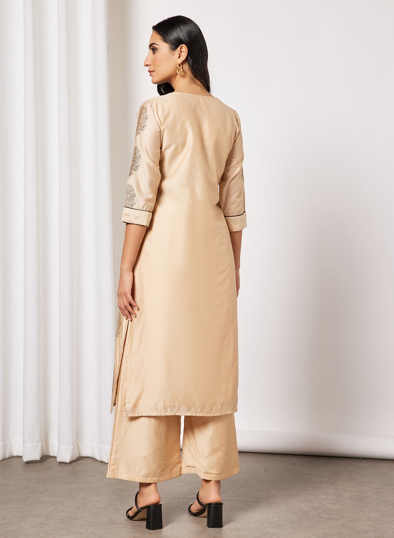 AKS Paisley Print Kurta and Pants Set Beige  - Image 2
