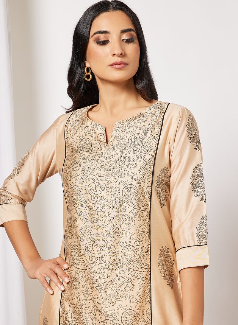 AKS Paisley Print Kurta and Pants Set Beige  - Image 3