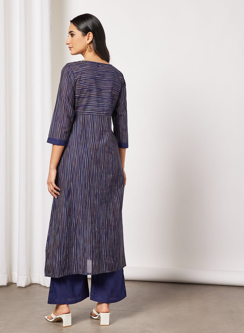 AKS - Striped A-Line Kurta and Pants Set Blue - Image 1