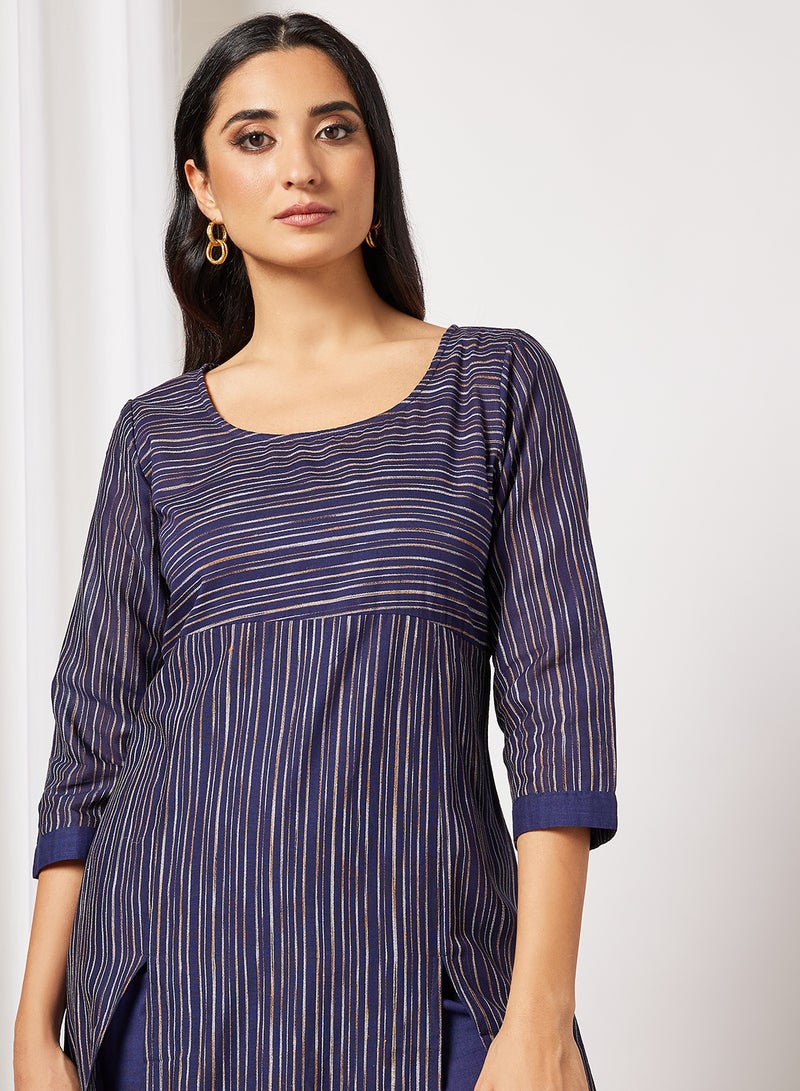 AKS - Striped A-Line Kurta and Pants Set Blue - Image 1