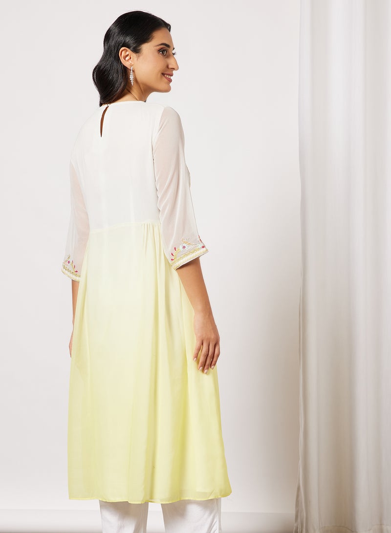 W - Floral Embroidered Kurta Pale Yellow - Image 1