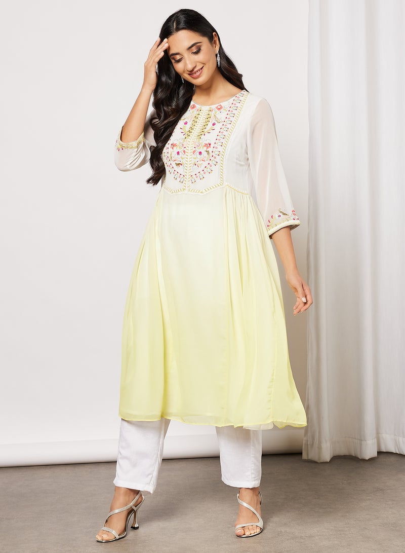 W - Floral Embroidered Kurta Pale Yellow - Image 1