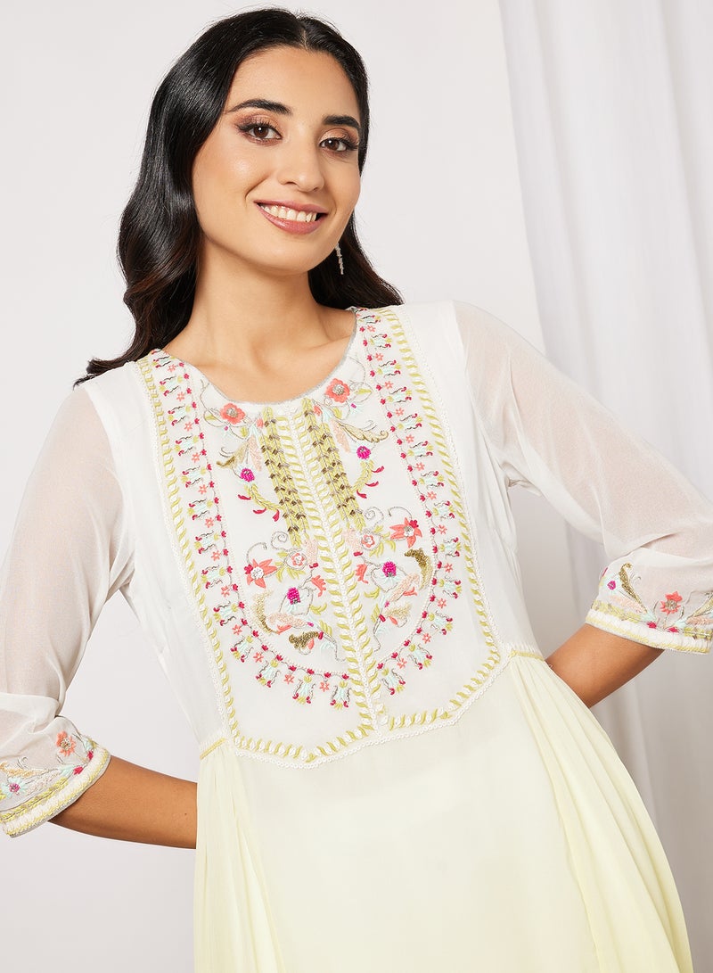 W - Floral Embroidered Kurta Pale Yellow - Image 1