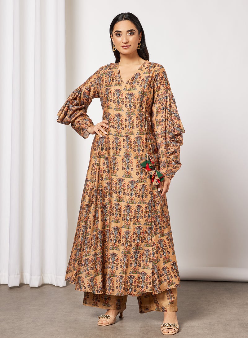 masaba - Printed Angrakha Kurta and Palazzo Set Beige - Image 1