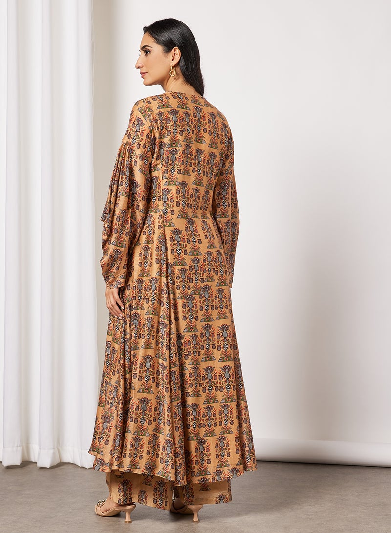 masaba - Printed Angrakha Kurta and Palazzo Set Beige - Image 1