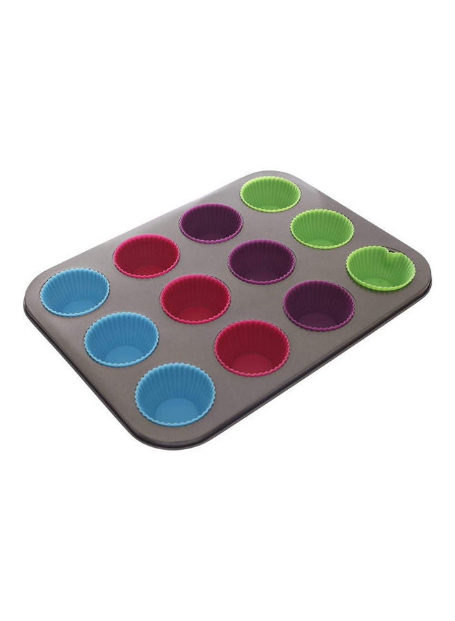 King Teflon Cup Cake Mold With Silicon 12 Holes - Multi Color Multicolour