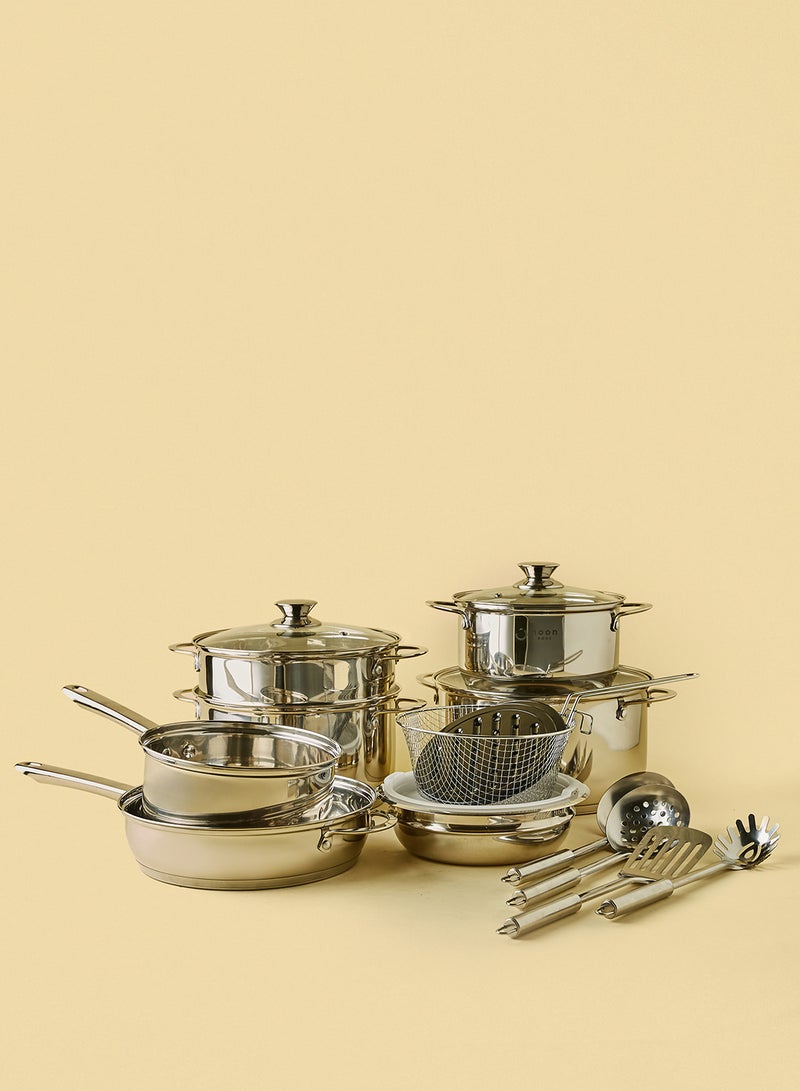 Noon East - 18 Piece Cookware Set - Stainless Steel Pots, Pans, Kitchen Utensils Set - High Quality - For Cooking - Frying Pan, Casserole With Lid, Saucepan With Lid, Kitchen Tools, Steamer -26/24/20 cm Stainless Steel - Image 1