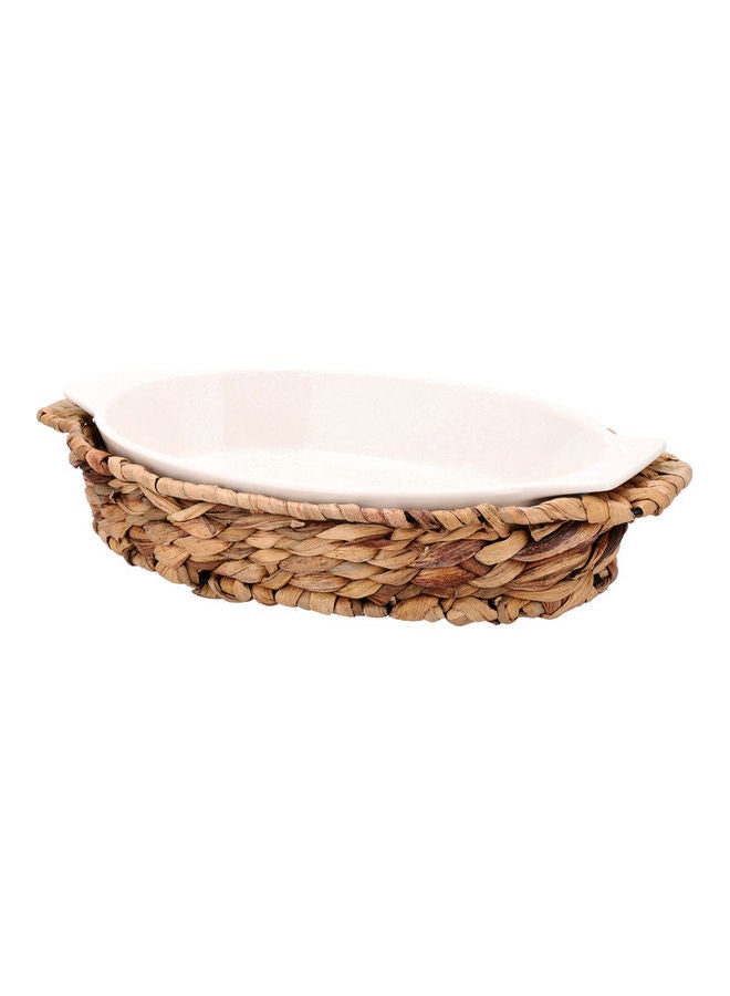 La Mesa 2-Piece Porcelain Oval Dish With Rattan Basket White/Beige 32cm 