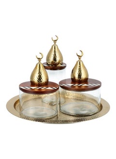La Mesa 3-Piece Glass Pot With Wooden Tray And Lid Gold/Clear/Brown 42x42x3cm  - Image 1