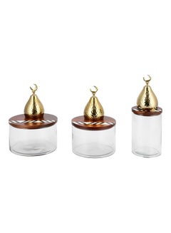 La Mesa 3-Piece Glass Pot With Wooden Tray And Lid Gold/Clear/Brown 42x42x3cm  - Image 2