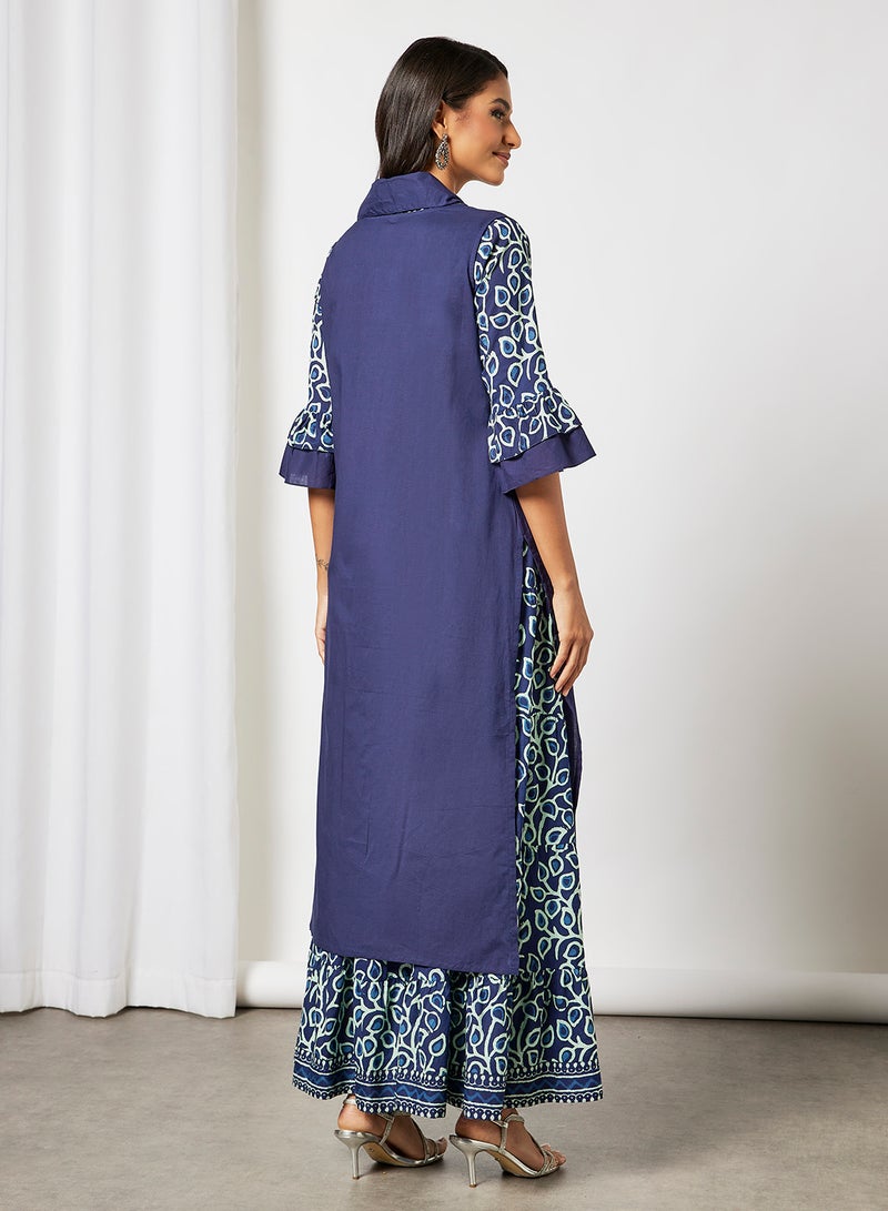 AKS - Digital Print Jacket Lehenga Set Navy - Image 1