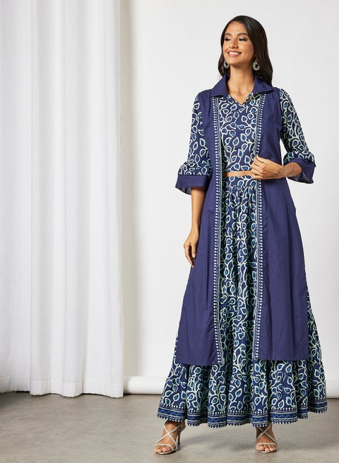 Digital Print Jacket Lehenga Set Navy