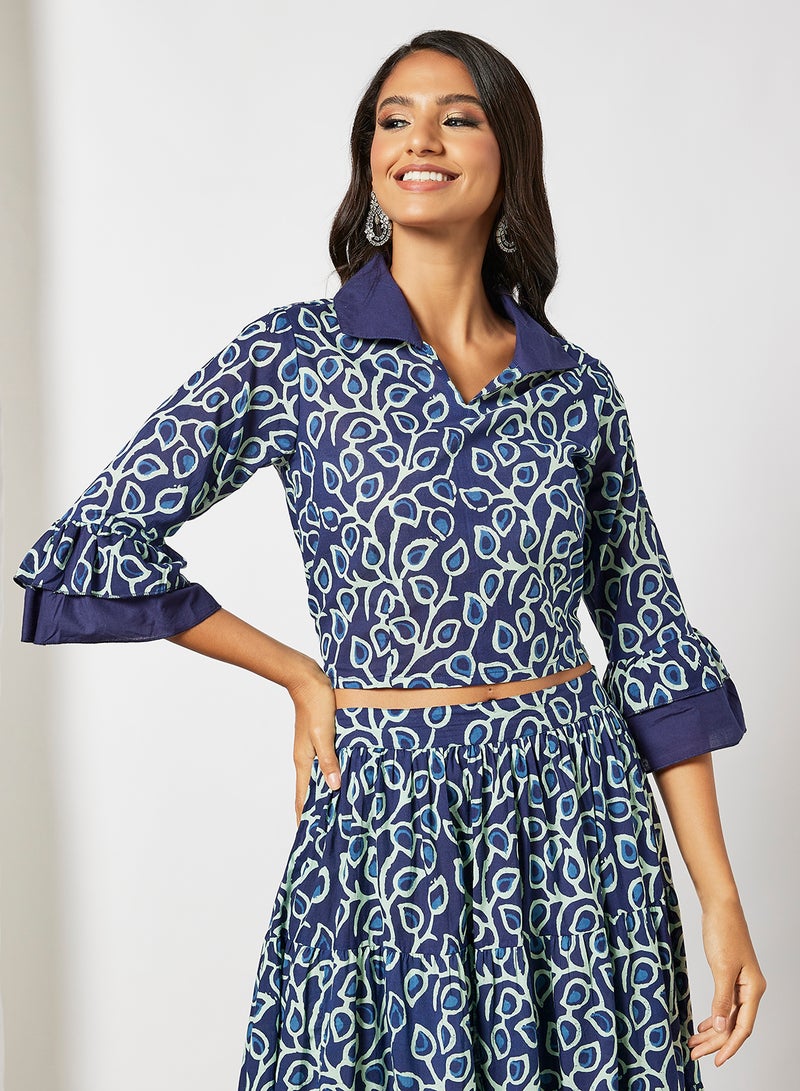 AKS - Digital Print Jacket Lehenga Set Navy - Image 1