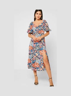 Puff Sleeve Printed Slit Dress Multicolour