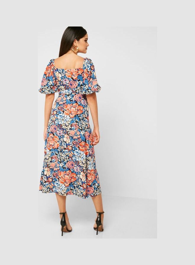 QUIZ - Puff Sleeve Printed Slit Dress Multicolour - Image 1