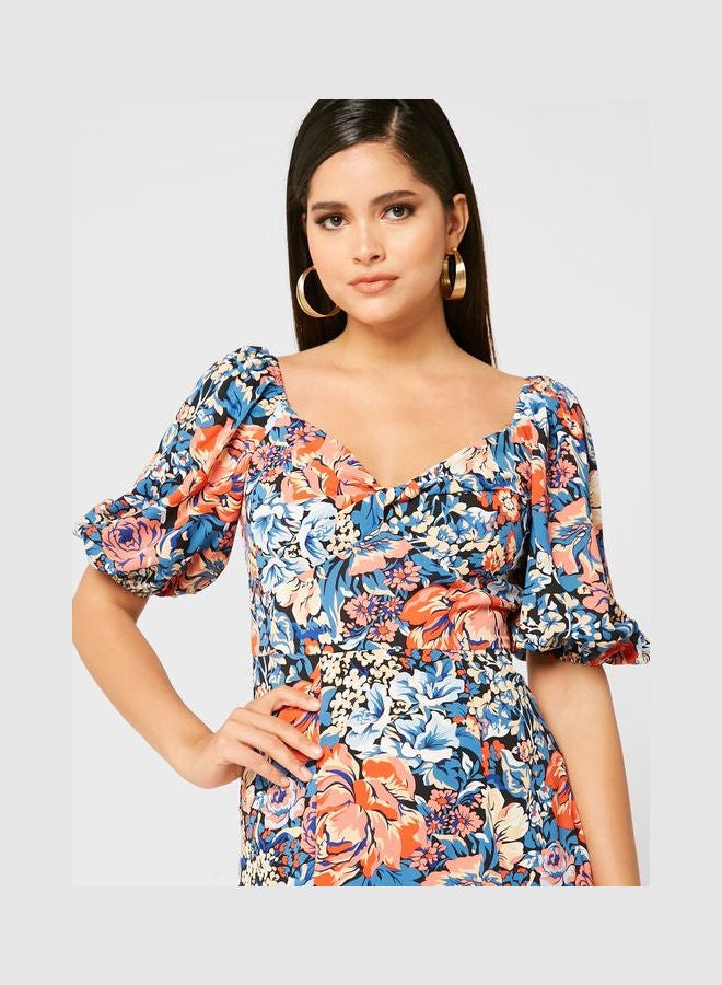 QUIZ - Puff Sleeve Printed Slit Dress Multicolour - Image 1